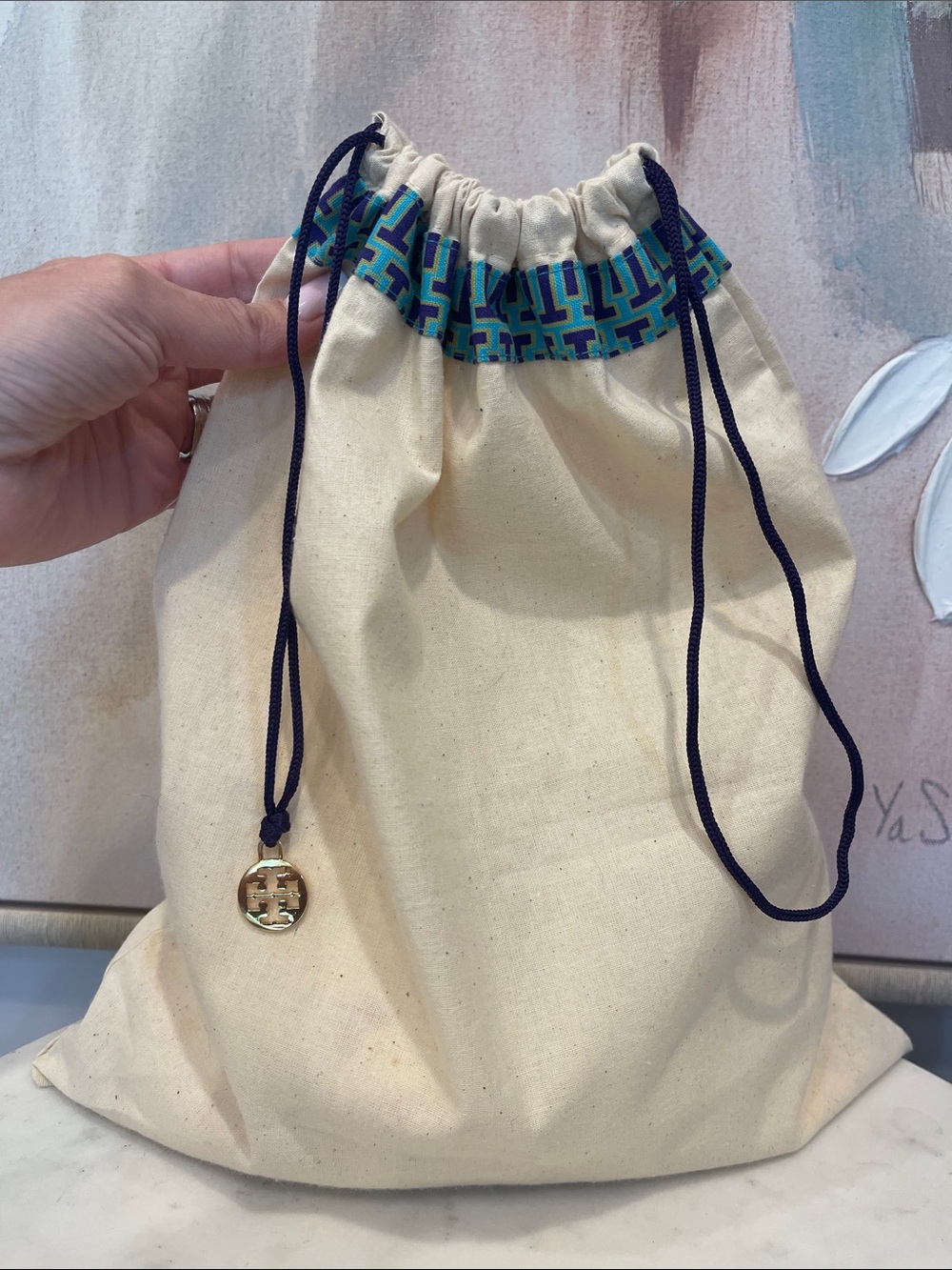 Tory Burch Cream Canvas Drawstring Dustbag with Blue & Teal Trim -15” x 12.5”